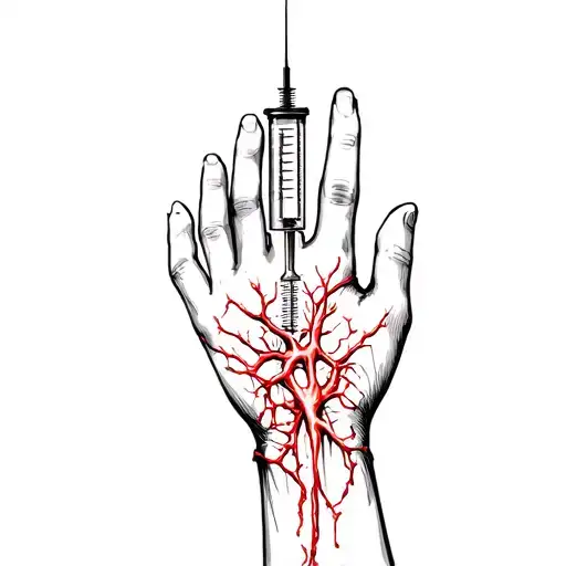 Elocated hand with veins, with a syringe in the hand. In the form of a sketch of a tattoo, style underground, with the inscription doping tattoo design idea