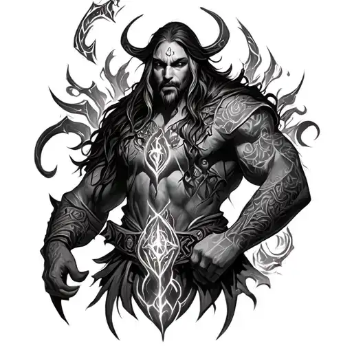 a sleeve tatto incorporating magic the gather, and world of warcraft tattoo design idea