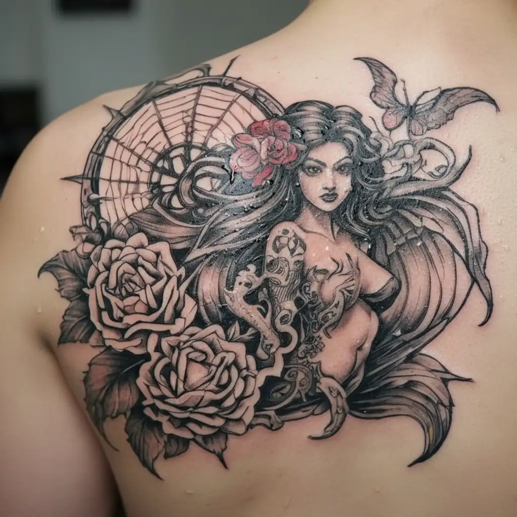 Spider-web, celestial, undead mermaid, peony, poker,  tattoo design idea