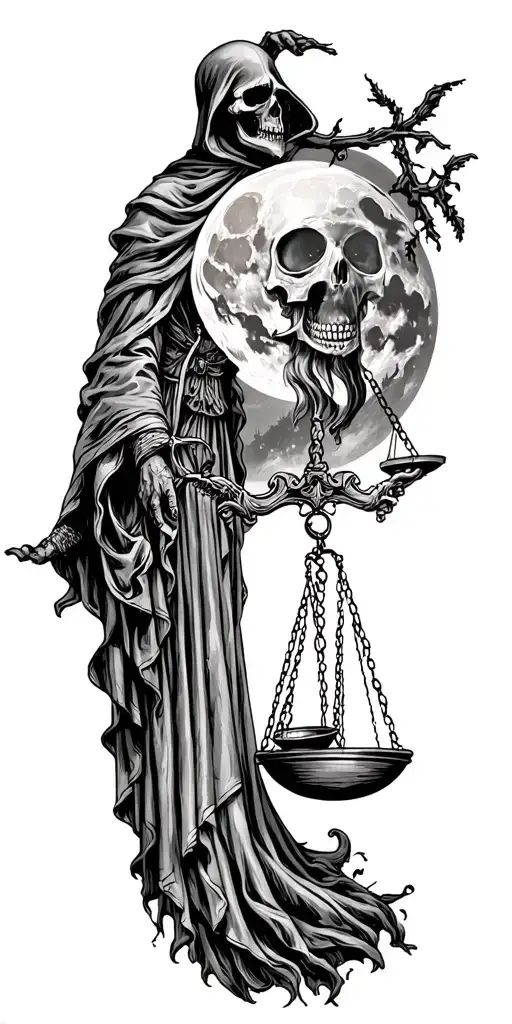 memento mori, grim reaper, medic, scales of justice, forest, moon tattoo design idea