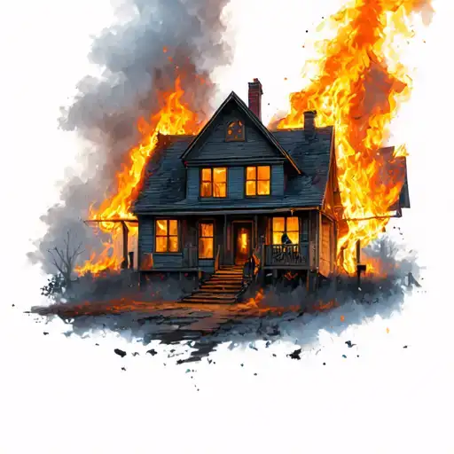 Kid looking at burning house tattoo design idea