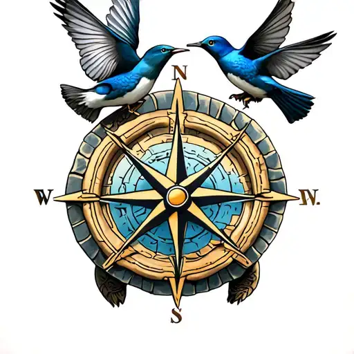 swallows, fully rigged ship, shellback turtle, compass rose tattoo design idea