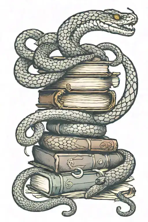 A Gothic-inspired snake coiled around a stack of books, with Victorian era details tattoo design idea