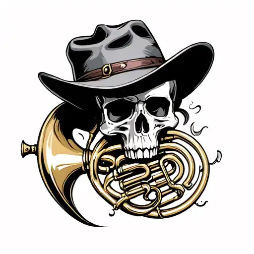 french horn skull wearing a cowboy tattoo design idea