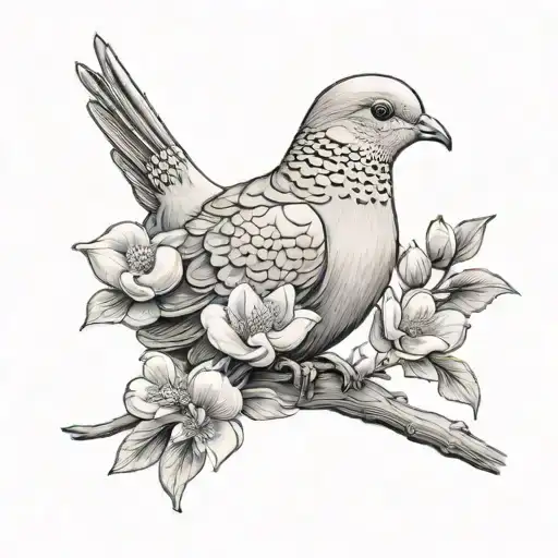 mourning dove carrying two flowers tattoo design idea