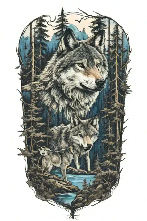 wolf blue eyes howling forest landscape tattoo design idea