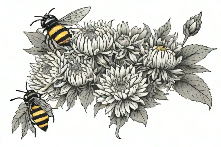 fine line chrysanthemum bouquet with daisys and bees. the name Vivienne embedded in the stem of the flower tattoo design idea