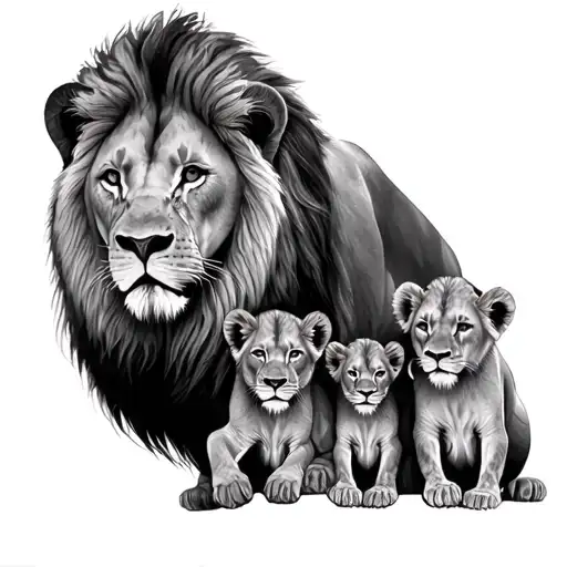 lion and lioness with 3 cubs in black a grey tattoo tattoo design idea
