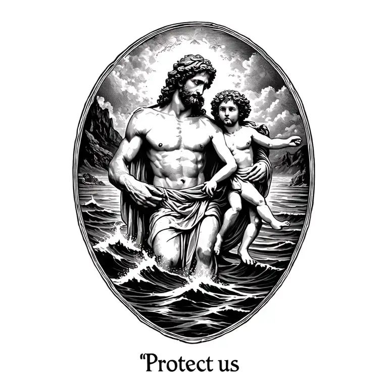 "Protect us" saint Christopher carrying the Christ child across rough water tattoo design idea