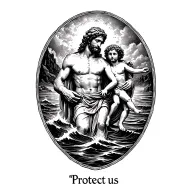 "Protect us" saint Christopher carrying the Christ child across rough water tattoo design idea