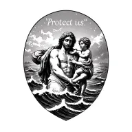 "Protect us" saint Christopher carrying the Christ child across rough water tattoo design idea