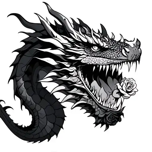 full dragon, rose in mouth of dragon, tattoo tattoo design idea