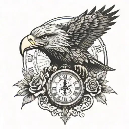 A majestic eagle head intertwined with a clock, symbolizing the importance of time and freedom in life tattoo design idea