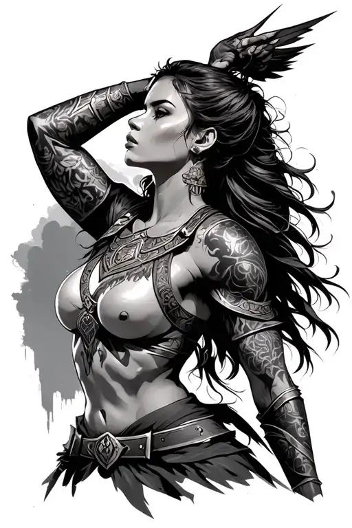 The female warrior is standing in a confident posture, raising her head to look at the sky. tattoo design idea
