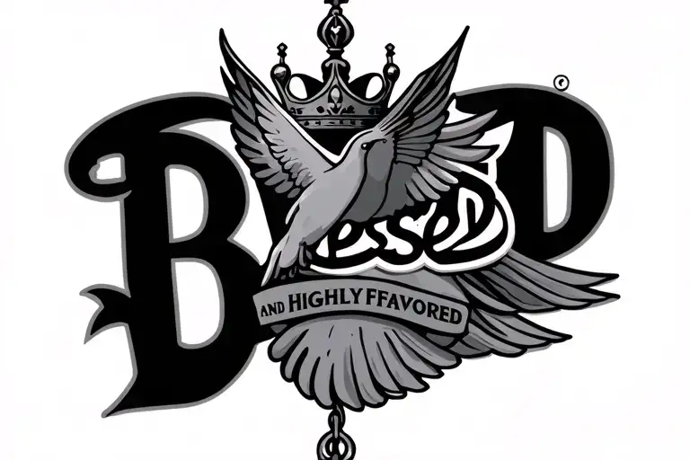 Blessed and Highly Favored with a dove and crown hanging on the "B" of blessed and the dove at the end of the sentence. tattoo design idea