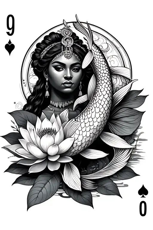 A mystical representation of the astral card with and african queen a koi fish and lotus flower intertwined tattoo design idea