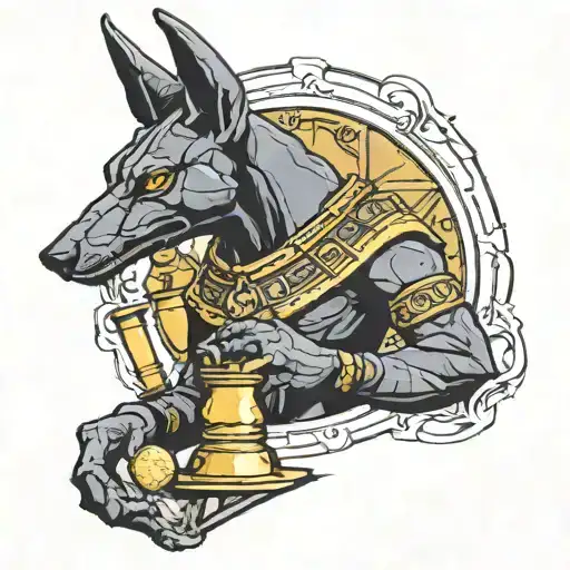 anubis holding hour glass with sand tattoo design idea