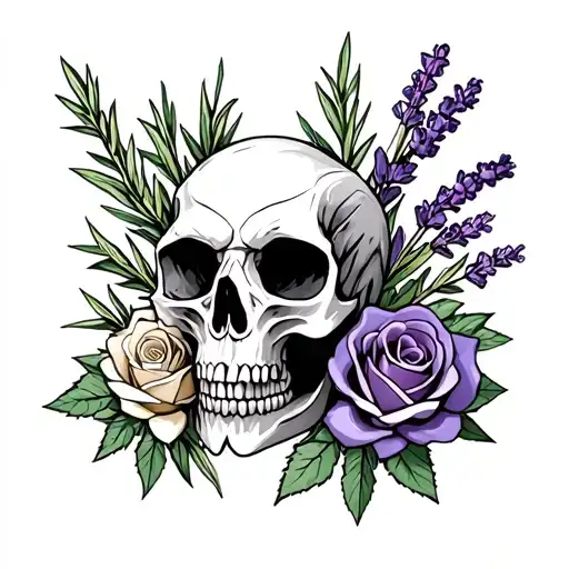 a ravens skull surrounded by rosemary, white sage, & lavender with two roses.  tattoo design idea