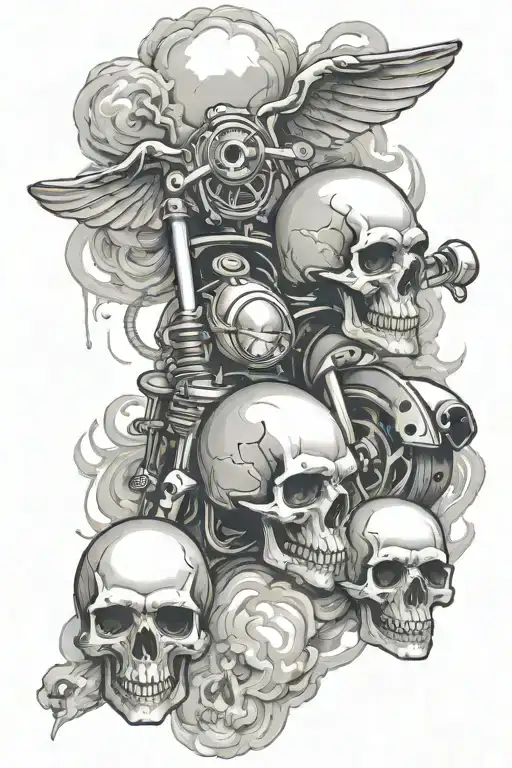 harley davidson bar with skulls surrounded and smoke background tattoo design idea