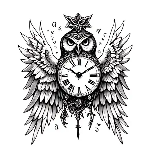 cross, scripture, clock, owl and angel wings  tattoo design idea