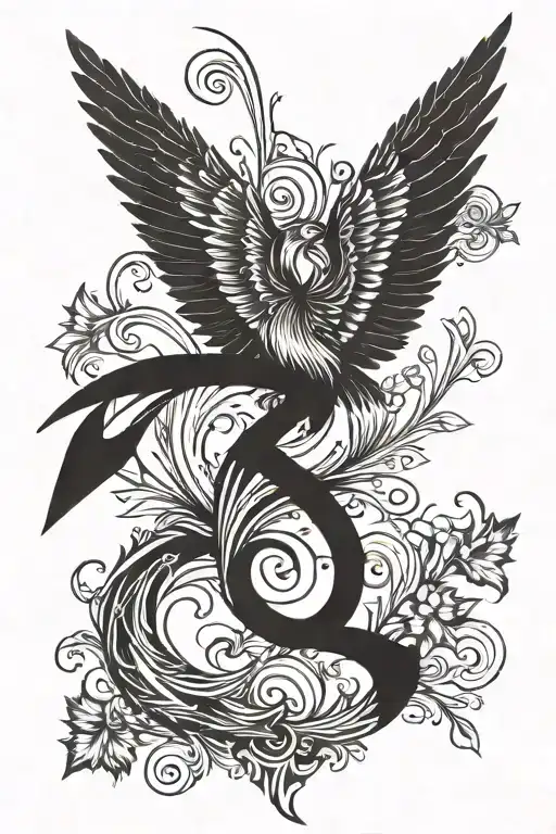 An arrow split in two by a semicolon with a small phoenix with open wings in the tip. Inside the small phoenix is a smal tattoo design idea