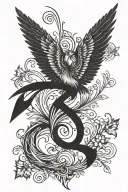 An arrow split in two by a semicolon with a small phoenix with open wings in the tip. Inside the small phoenix is a smal tattoo design idea