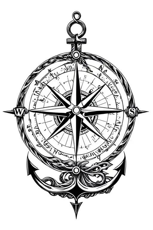 An intricate compass rose surrounded by nautical elements like anchors and waves tattoo design idea