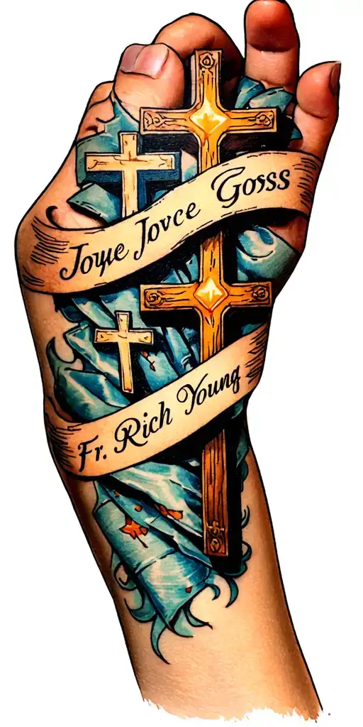 forearm only. 3 crosses with the words "Joyce Goss," And "Fr. Rich Young" across some of the cloth on or the cross. tattoo design idea