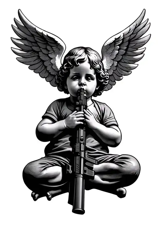 cherub praying with ak 47 rifle tattoo design idea