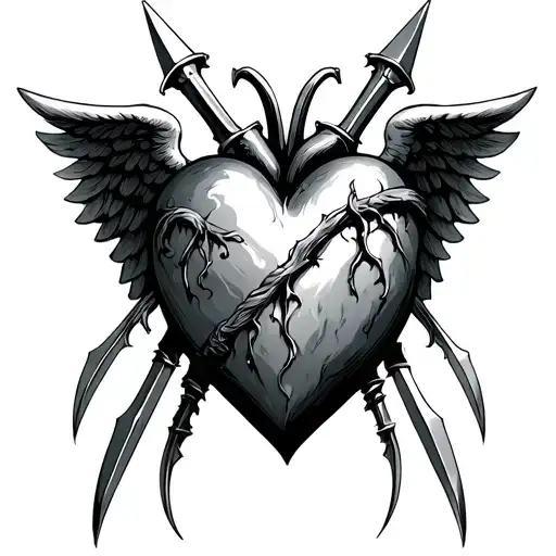 heart with 3 daggers stuck wings either side tattoo design idea