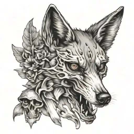 coyote skull with mushrooms coming out of eye socket tattoo design idea