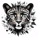 a leopard's head with leaves, flowers and dots behind it tattoo design idea