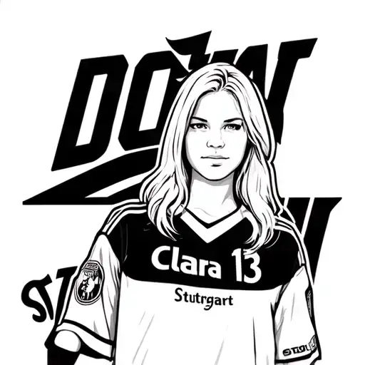 Street, blonde girl, VfB Stuttgart jersey, number 13, name Clara, Stuttgart background tattoo design idea
