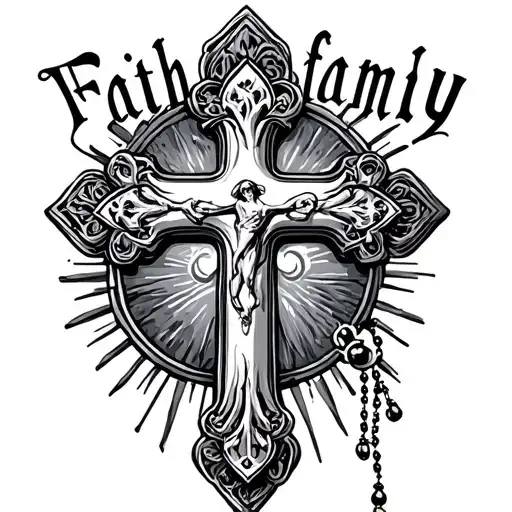 "Faith family" cross with rosary beads tattoo design idea