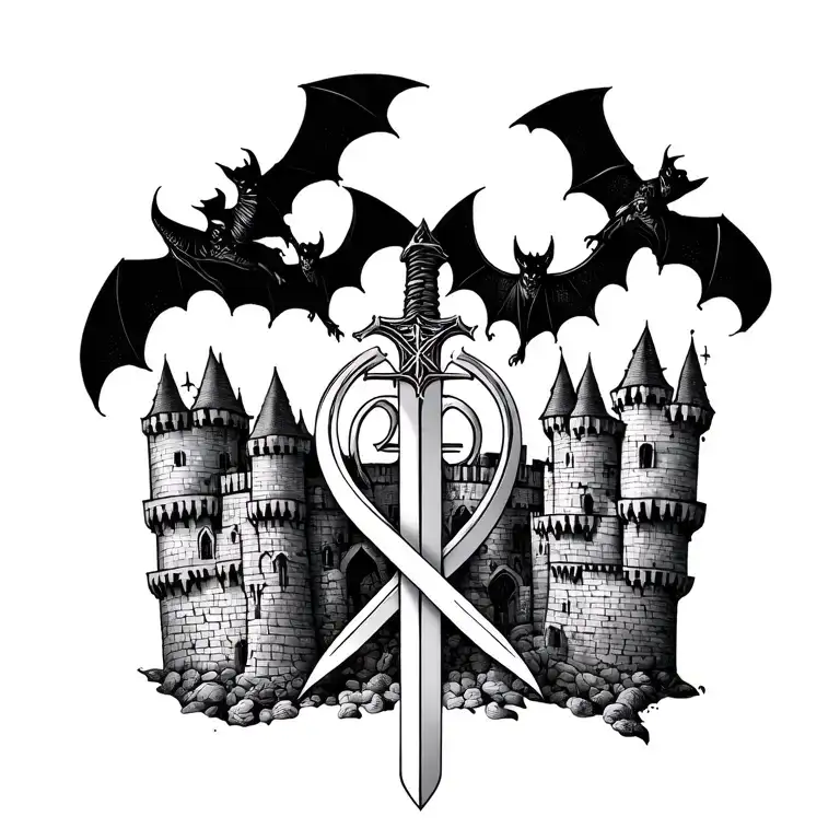 I want a sibersigilism tattoo with bats, swords, castles and the Corinthians symbol tattoo design idea