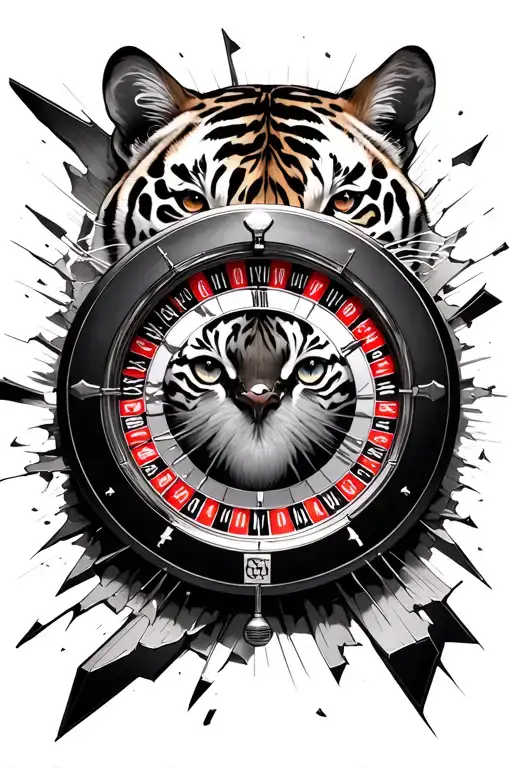 roulette wheel with clock shattered with tiger eyes tattoo design idea