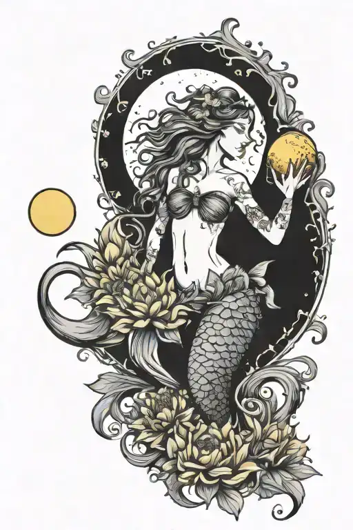 mermaid with it's tail wuth sunflowers and yellow carnations, while holding a moon in her hands tattoo design idea