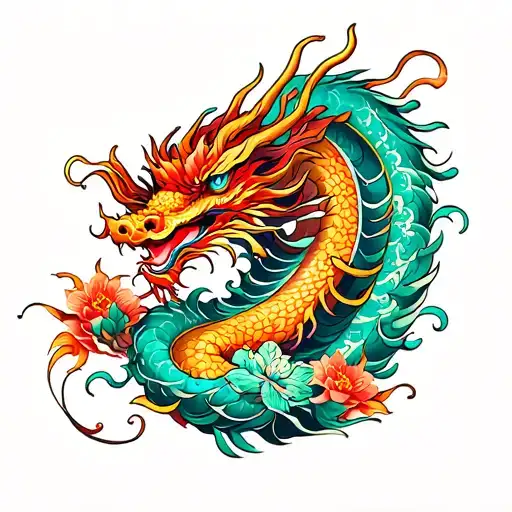 floral japanese dragon wrapped tattoo design idea