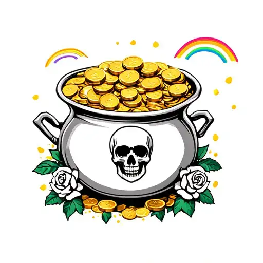 pot of gold coins with skulls and roses and rainbow  tattoo design idea