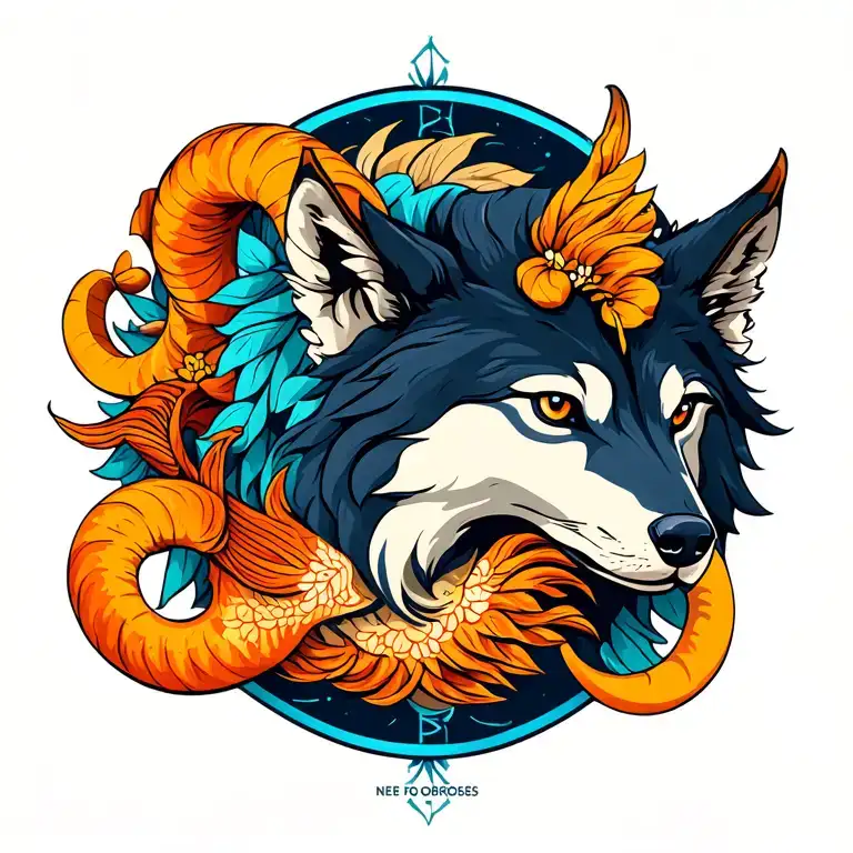 wolf , aries and pisces zodiac sign tattoo design idea