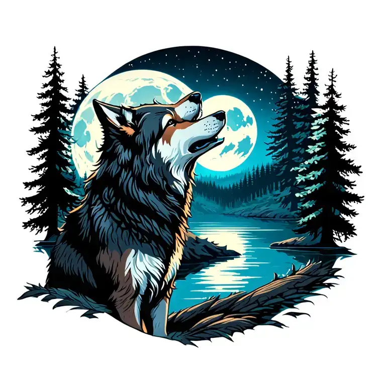 adult wolf howling at the moon in the distance with forest lake behind tattoo design idea