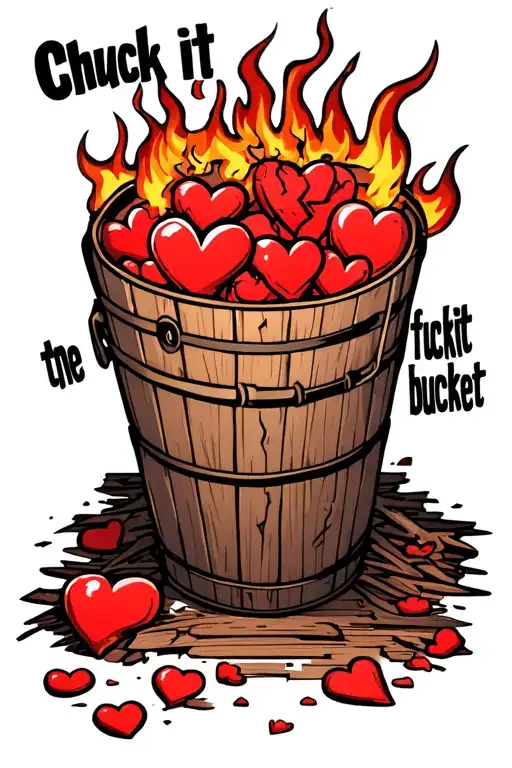 "Chuck it inthe fuckit bucket " wooden bucket filled with broken hearts on fire inside tattoo design idea
