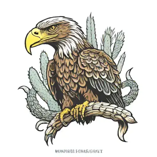 Mexican brown eagle with snake in its mouth standing on cactus American bald eagle flying above tattoo design idea