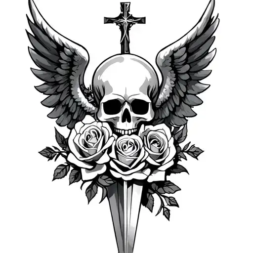 a skull, roses, and cross with angel wings with the bottom of the cross ending in a dagger or sword  tattoo design idea