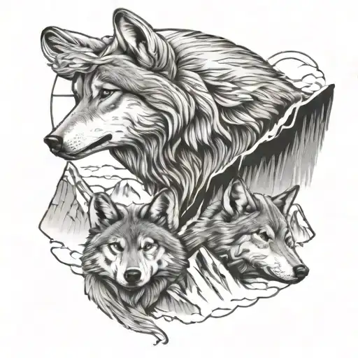 Wolf head over looking mountain with 2 wolf cubs at the bottom tattoo design idea