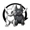 Mewtwo and Mew with a black circle around them, but they have the face of ditto tattoo design idea
