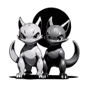 Mewtwo and Mew with a black circle around them, but they have the face of ditto tattoo design idea