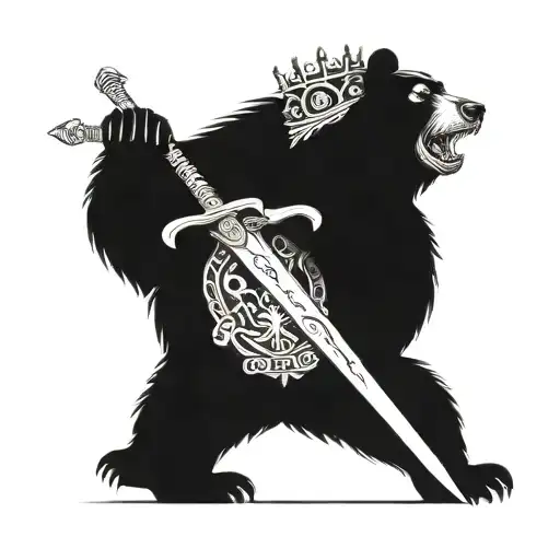 Bear holding two swords and wearing a crown inspired by coat of arms of Karelia tattoo design idea