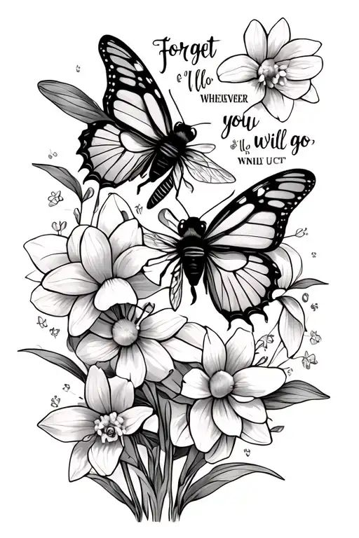 2 butterflies daffodil bumble bee forget me nots and the words I'll go whenever you will go tattoo design idea