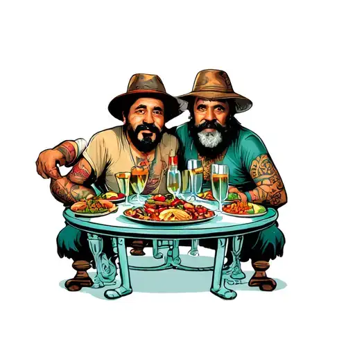 jay and silient bob cheech and chong chillin at a feast with a table made of glass tattoo design idea
